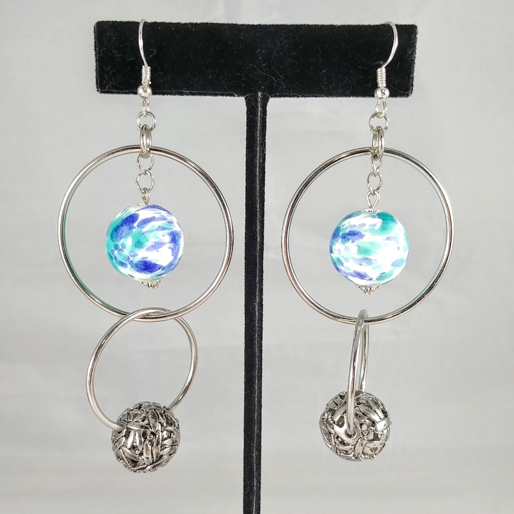 Dragonfly double hoop earrings Earthly color beads